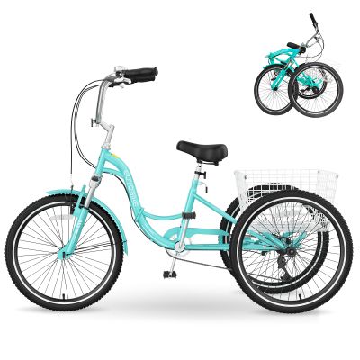 MOPHOTO Adult Folding Tricycle 7 Speed 20/24/26 Inch, 3 Wheel Bike for Seniors Women Men, Low Step-Through Cruiser Bicycle with Large Cargo Basket & Adjustable Seat