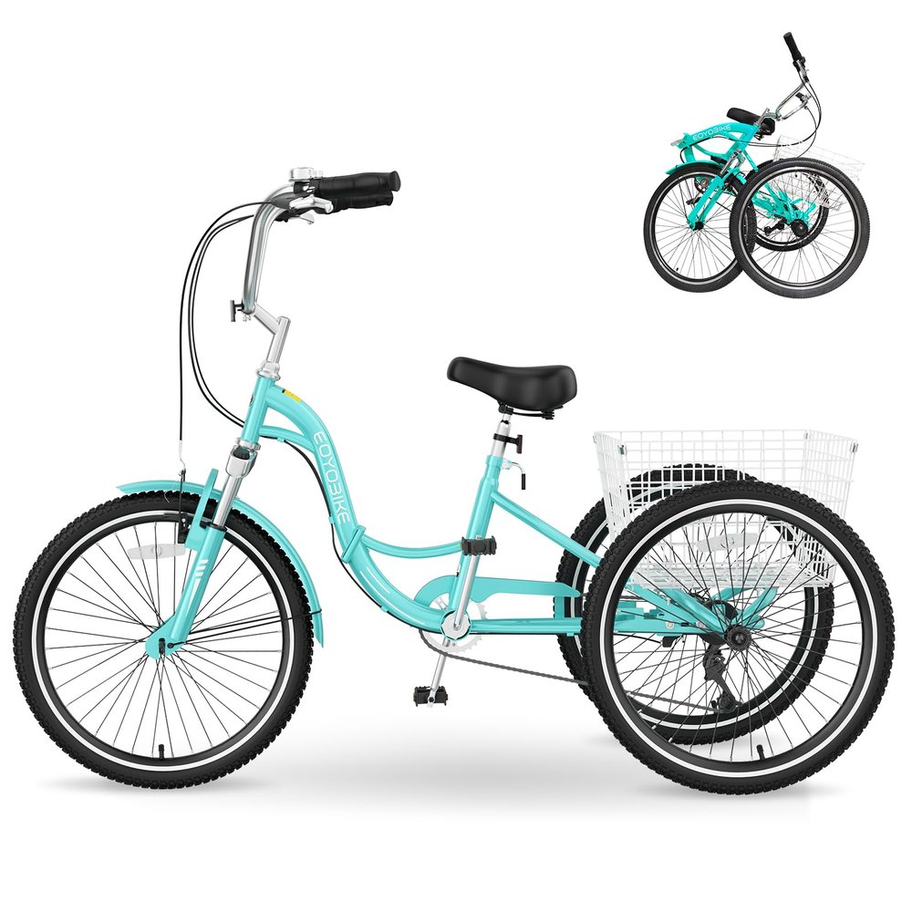 MOPHOTO Adult Folding Tricycle 7 Speed 20/24/26 Inch, 3 Wheel Bike for Seniors Women Men, Low Step-Through Cruiser Bicycle with Large Cargo Basket & Adjustable Seat