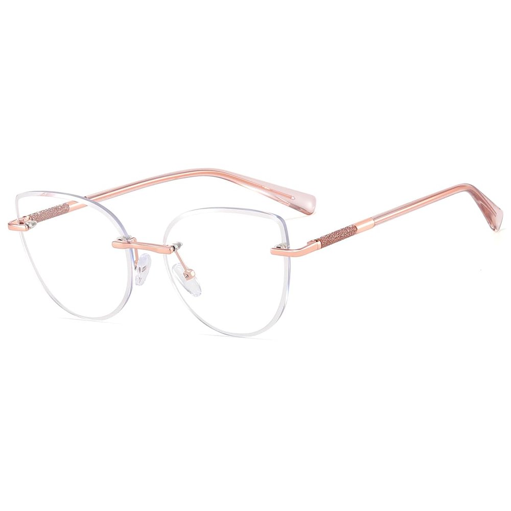 Clear Lens Rimless Glasses Female Metal Trendy Cat Eye Glasses Frame Women Eyewear, Rose Gold Brown