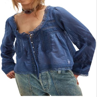 Blue Lace Tie Front Top Y2k Coquette Long Sleeve Button Up Chiffon Cardigan Flowy Boho Peplum Going Out Tops for Women