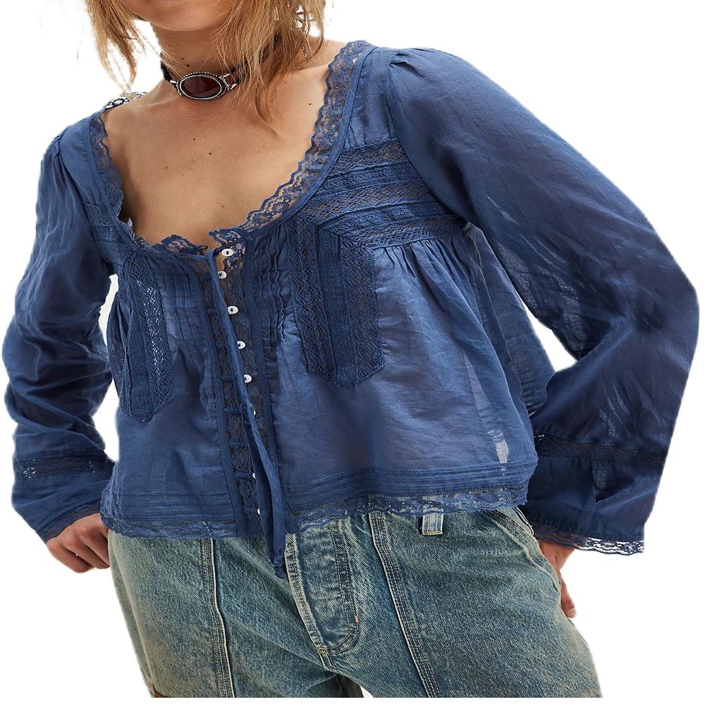 Blue Lace Tie Front Top Y2k Coquette Long Sleeve Button Up Chiffon Cardigan Flowy Boho Peplum Going Out Tops for Women