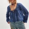Blue Lace Tie Front Top Y2k Coquette Long Sleeve Button Up Chiffon Cardigan Flowy Boho Peplum Going Out Tops for Women view 3