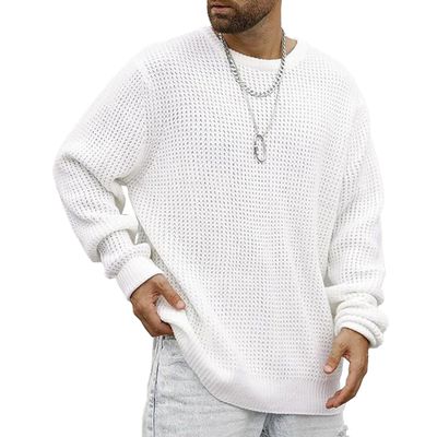 Gsywaipei Men's Waffle Long Sleeved Sweater Solid Color Crewneck Male Knitted Pullover Casual Regular Fit Knit Sweaters (White,Small)