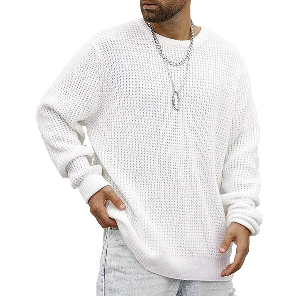 Gsywaipei Men's Waffle Long Sleeved Sweater Solid Color Crewneck Male Knitted Pullover Casual Regular Fit Knit Sweaters (White,Small)
