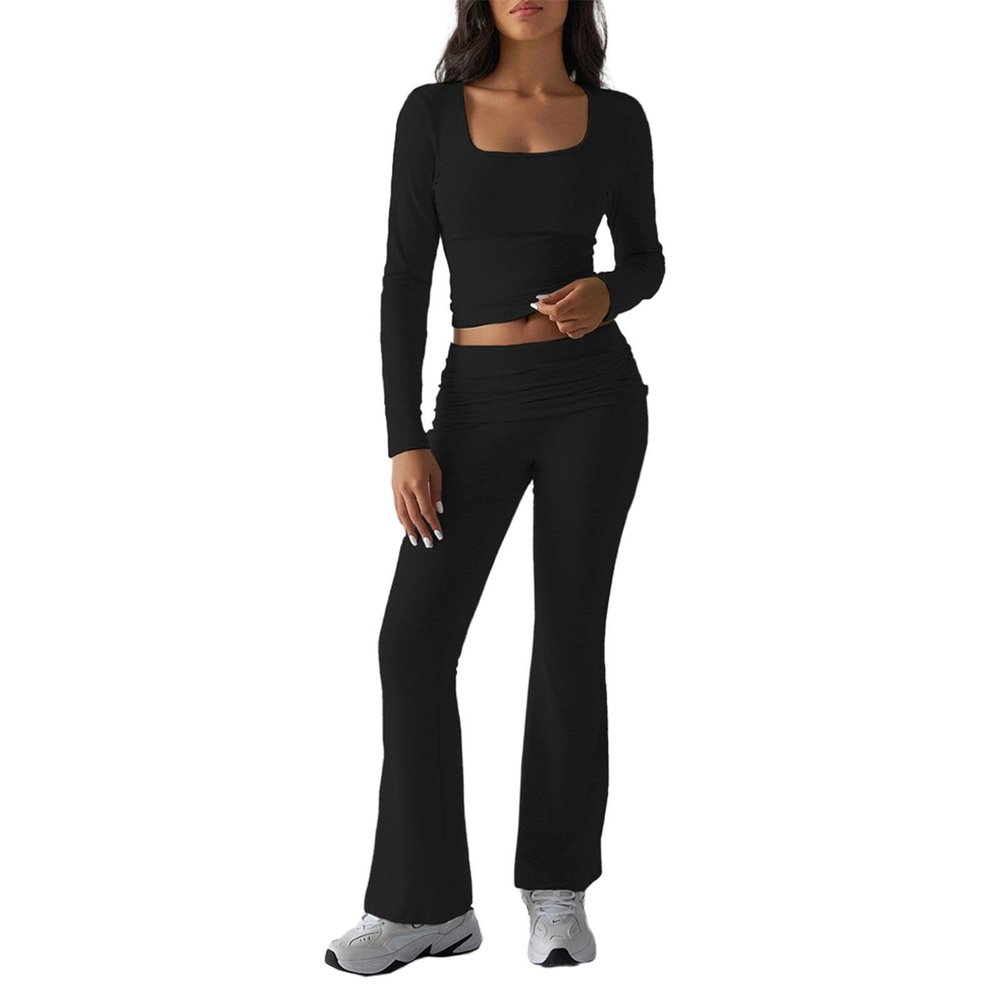 Women 2 Piece Lounge Sets Fold-over Flare Pants Set Long Sleeve Cropped Top Casual Outfits Pajamas