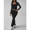 Women 2 Piece Lounge Sets Fold-over Flare Pants Set Long Sleeve Cropped Top Casual Outfits Pajamas view 3