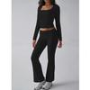 Women 2 Piece Lounge Sets Fold-over Flare Pants Set Long Sleeve Cropped Top Casual Outfits Pajamas view 4