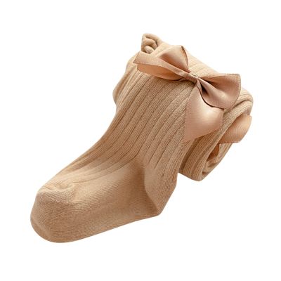 Girls Tights Cotton Cable Knit Footed Leggings Seamless Bow Tights Toddler Baby Girl Pantyhose (Beige, 6-8 Years)