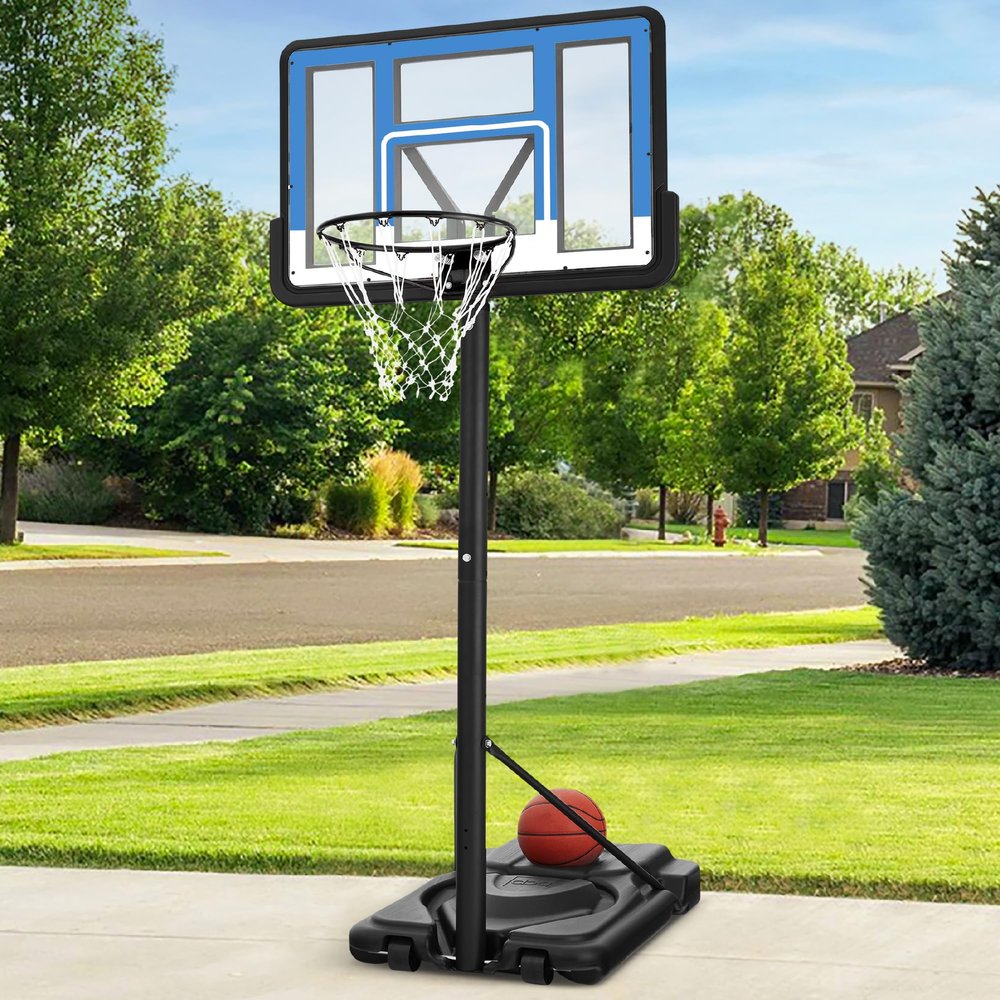 Best Choice Products 10ft Regulation Basketball Hoop, 7.5-10ft Height Adjustable Outdoor Goal w/Shock Absorbent Rim, Base Gel, 2 Wheels - Blue/White