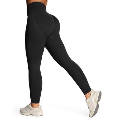 Aoxjox Workout Peach Contour Seamless Hidden Scrunch Butt Lift Leggings for Women Gym Yoga Pants 24" (Black, Medium)