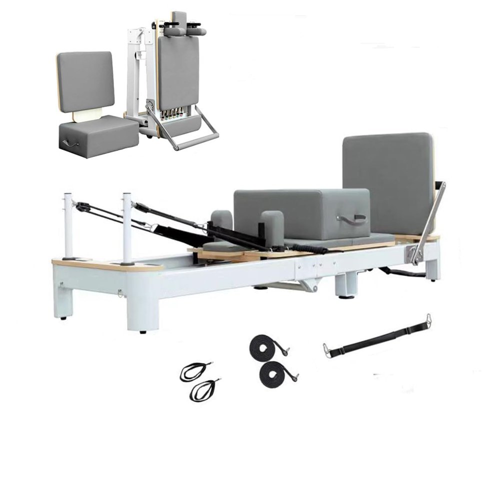 XJLKYMX Folding Pilates Reformer, Pilates Equipment with Sitting Box, Jump Board and Accessories, Compact at-Home Workout Machine | Smooth & Quiet | Max Weight 550 Lbs,Gray