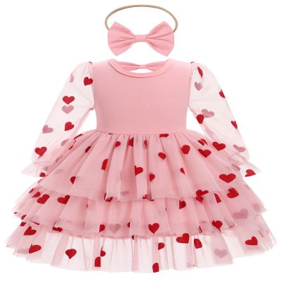 AFAVOM Toddler Girls Heart Print Tiered Tulle Dress Princess Glitters Pageant Tutu Dress Baptism Cake Smash Outfit Valentine's Day Ruffle Gown Wedding Flower Girl Dress Pink-Heart Print 9-12 Months