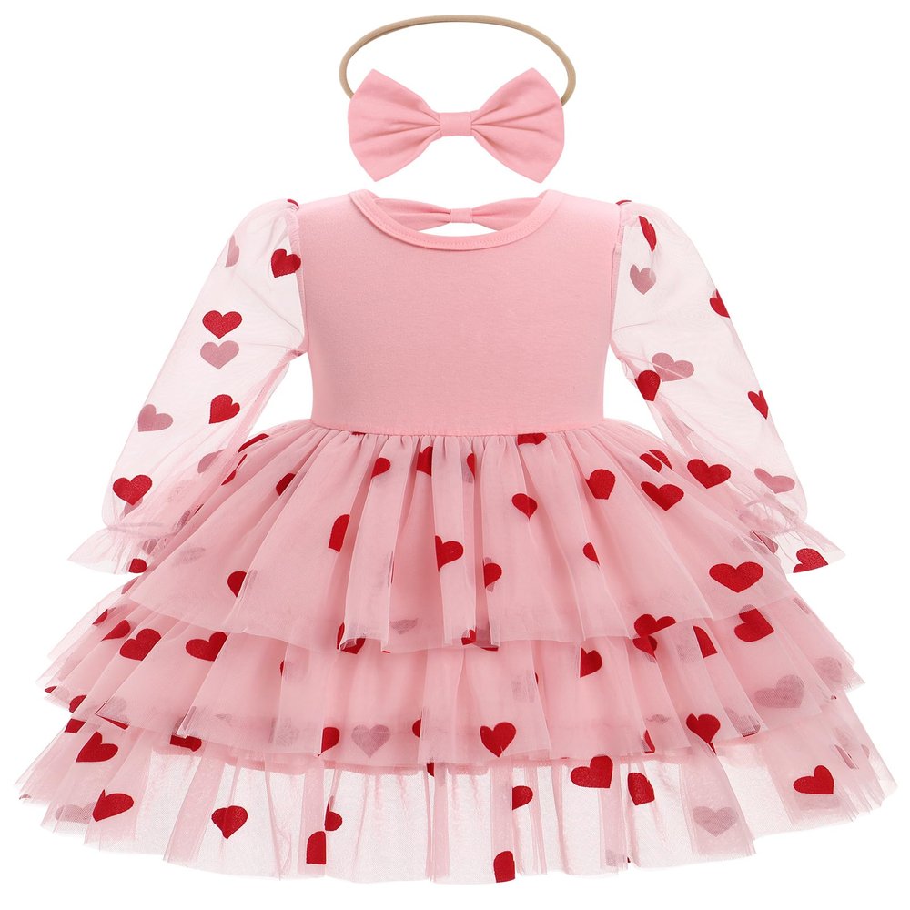 AFAVOM Toddler Girls Heart Print Tiered Tulle Dress Princess Glitters Pageant Tutu Dress Baptism Cake Smash Outfit Valentine's Day Ruffle Gown Wedding Flower Girl Dress Pink-Heart Print 9-12 Months