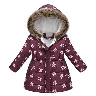 AIMAOMI Girls' Long Flower Printing Bowknot Winter Hooded Down Jacket Warm Winter Coats Hooded Snowsuit Kids (Purple, 5-6 Years)
