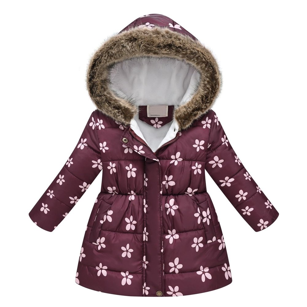AIMAOMI Girls' Long Flower Printing Bowknot Winter Hooded Down Jacket Warm Winter Coats Hooded Snowsuit Kids (Purple, 5-6 Years)