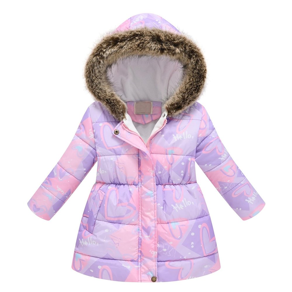 AIMAOMI Girls' Long Flower Printing Bowknot Winter Hooded Down Jacket Warm Winter Coats Hooded Snowsuit Kids (C, 5-6 Years)