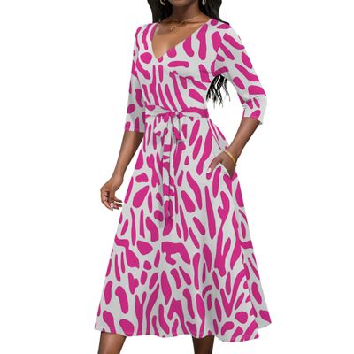 Curve Women's Gradient Leopard Print Dress 3/4 Sleeve V-Neck with Belt Midi Size Wrap Dress Spring Summer Autumn Party Beach Sundress with Pockets