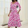 Curve Women's Gradient Leopard Print Dress 3/4 Sleeve V-Neck with Belt Midi Size Wrap Dress Spring Summer Autumn Party Beach Sundress with Pockets view 4