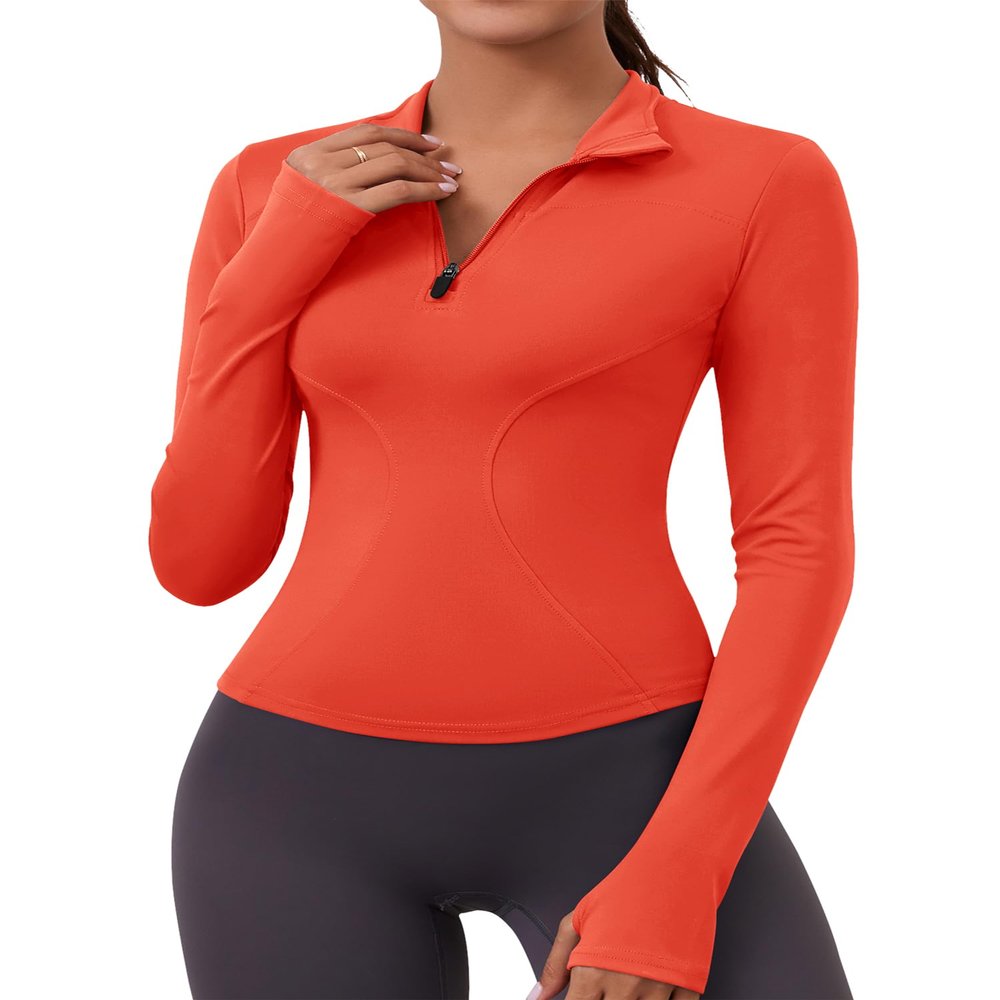LOMON Long Sleeve Tops for Women Running Golf Athletic Shirts Workout Sports Active Crop Top Thumb Hole T-Shirts(Orange,Small)