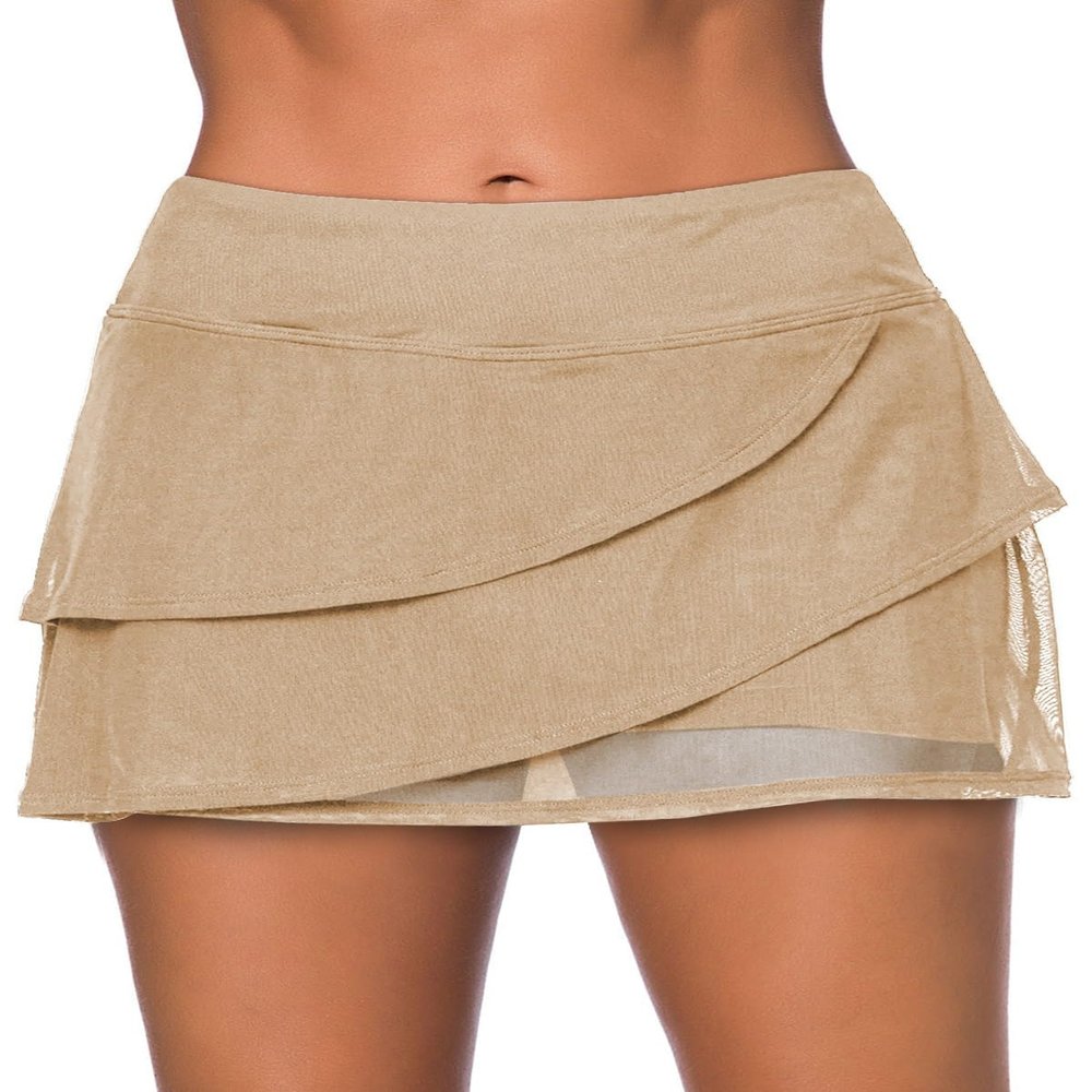 Aleumdr Women's Three Layered Waistband Ruffle Swimdress Swim Skirt Swimsuit Bottom Light Beige Medium