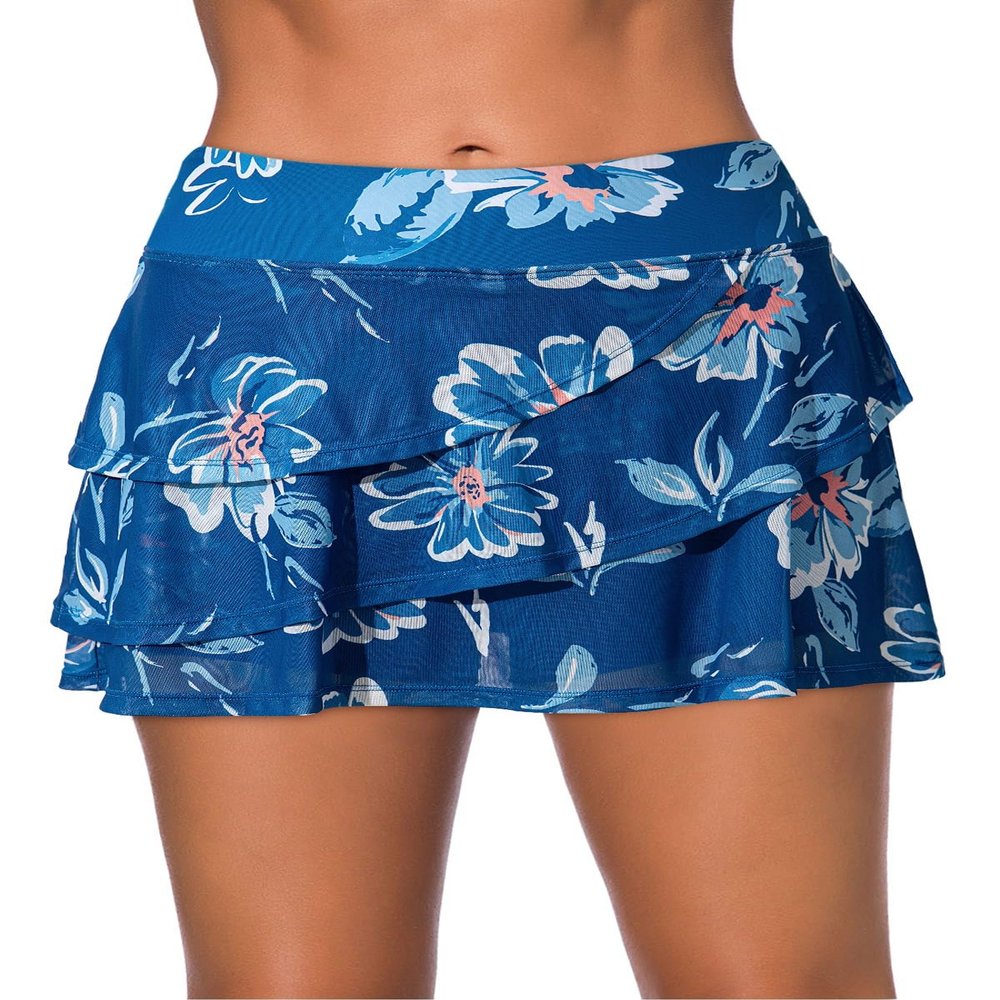 Aleumdr Women's Swim Skirt Swimsuit Bottom with Shorts Waistband Swimdress Ruffle Swim Bottoms White Leaves Printed Medium