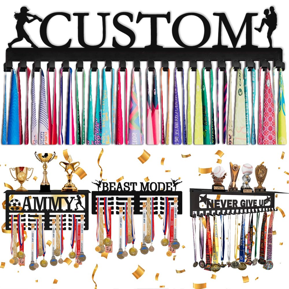 Personalized Medal Holders with Name Metal Display Rack for Awards Ribbons - Metal Custom Plaques Hanger for Wall Mount Hold Hanger Display Customized Sports Ribbon Holder Gift for Athletes Boy Girl