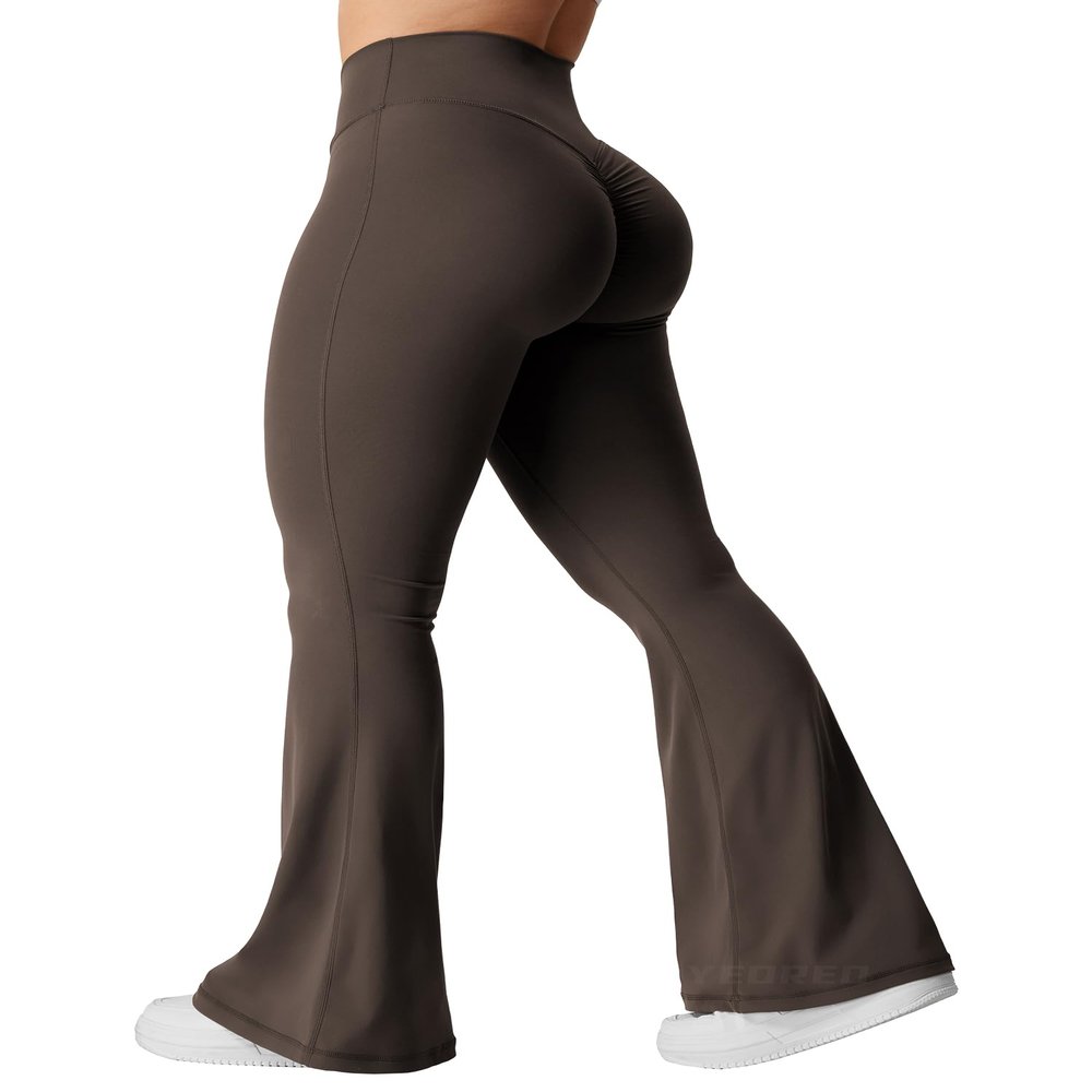 YEOREO Kalie Flare Scrunch Leggings for Women V Cross Waist Bell Bottom Yoga Pants Tummy Control Bootcut Workout Leggings Coffee XS