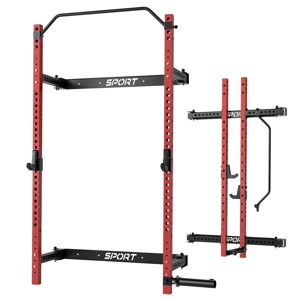 GlowSol Folding Wall Mounted Squat Rack, 2.36" x 2.36" Power Racks for Home Gym, 1000 LBS Capacity Squat Rack with Pull Up Bar, J Hooks and Ladmine Attachments
