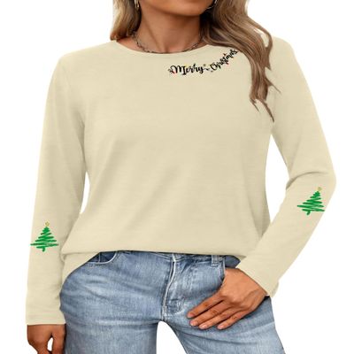 PECHAR Women's Merry Christmas Long Sleeve Tree Shirt: Xmas Gift Blouse Tee Top Beige