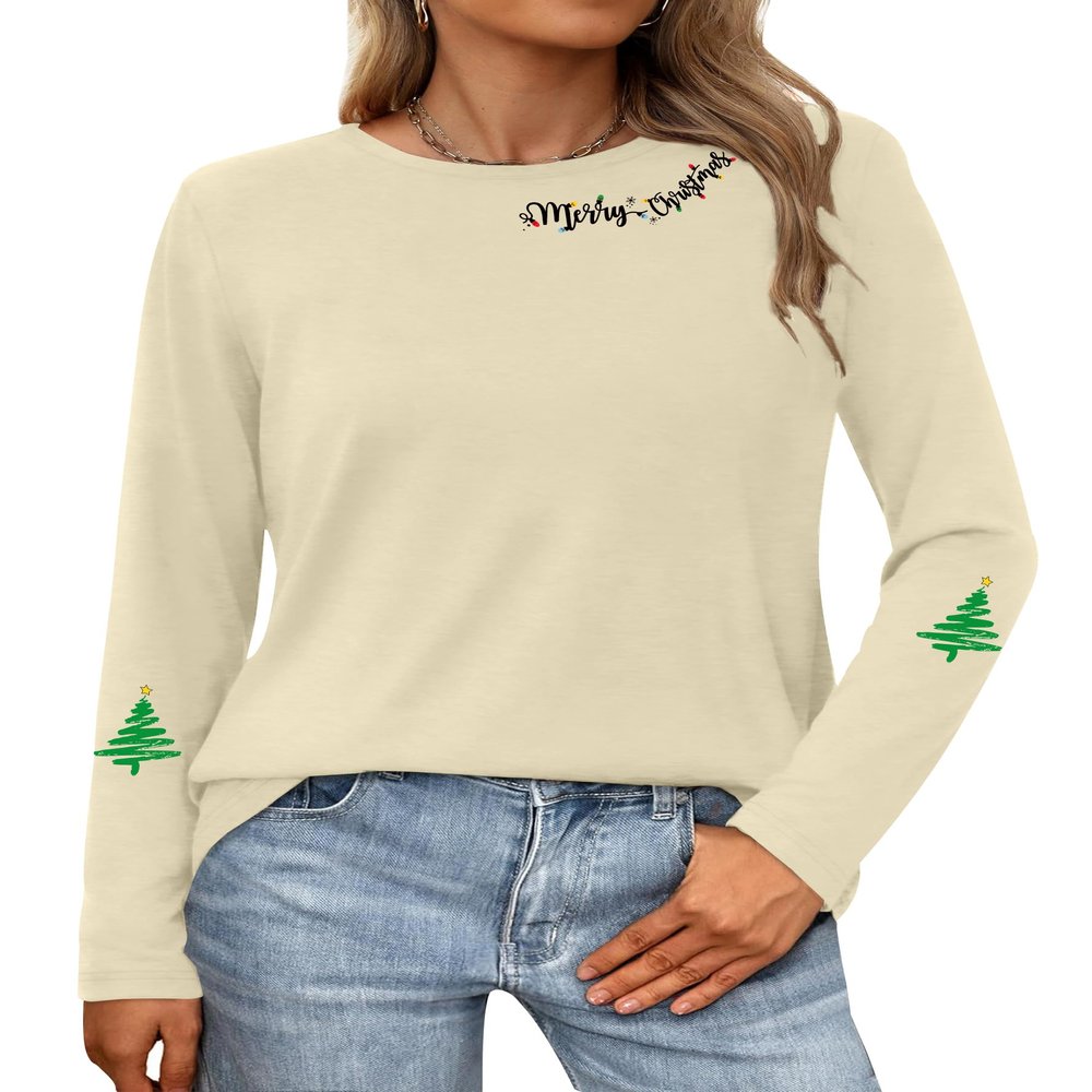 PECHAR Women's Merry Christmas Long Sleeve Tree Shirt: Xmas Gift Blouse Tee Top Beige