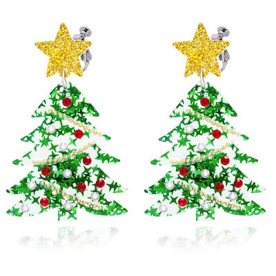 Christmas Tree Shape Clip On Dangle Earrings for Women, Non Pierced, Colorful Cake Heart Star Drop Earring Statement Party Festive Jewelry