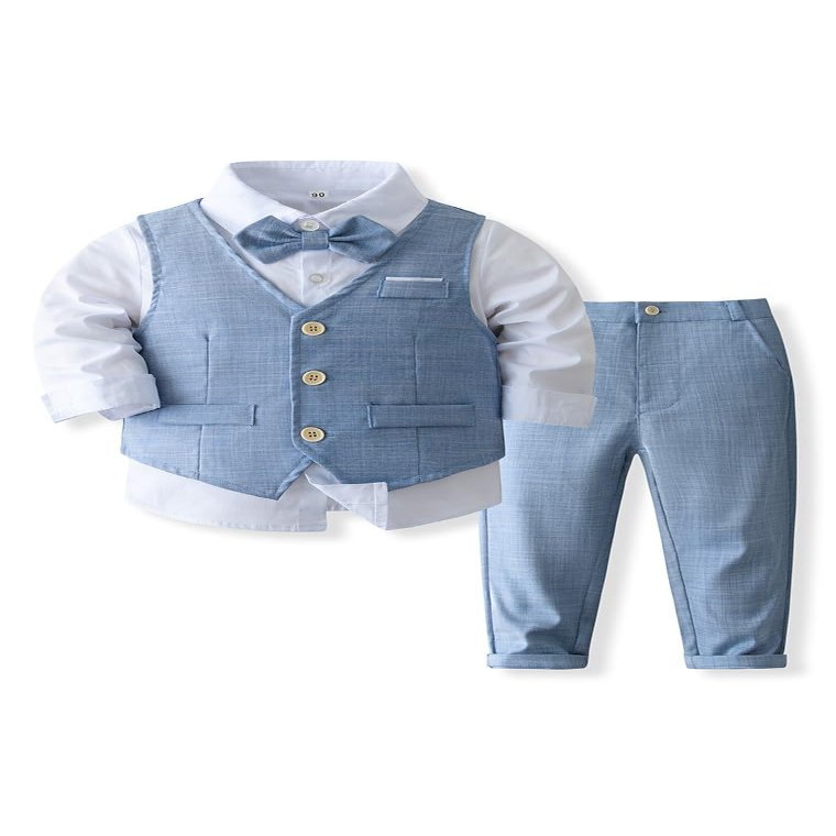Abolai Baby Boys' 4 Piece Gentleman Set with White Shirt,Bowtie,Vest and Pant Blue 110