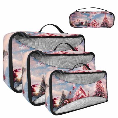 Christmas Pink Candy House Tree 4 Set Packing Cubes, Winter Xmas Ball Snowflake Sky Blue Packing Cubes for Carry on Suitcase Travel Essential Bag for Clothes Shoes Cosmetics Toiletry