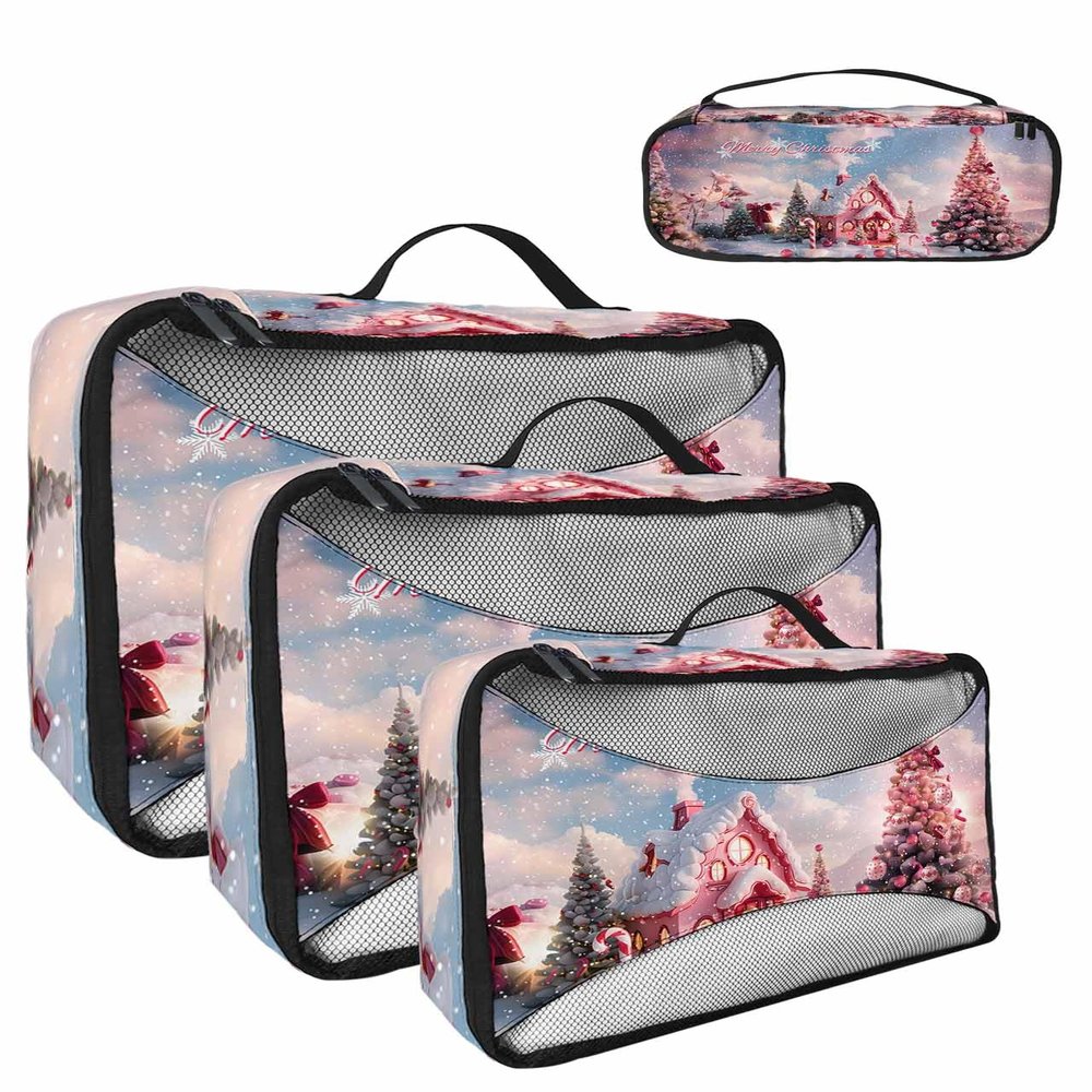 Christmas Pink Candy House Tree 4 Set Packing Cubes, Winter Xmas Ball Snowflake Sky Blue Packing Cubes for Carry on Suitcase Travel Essential Bag for Clothes Shoes Cosmetics Toiletry