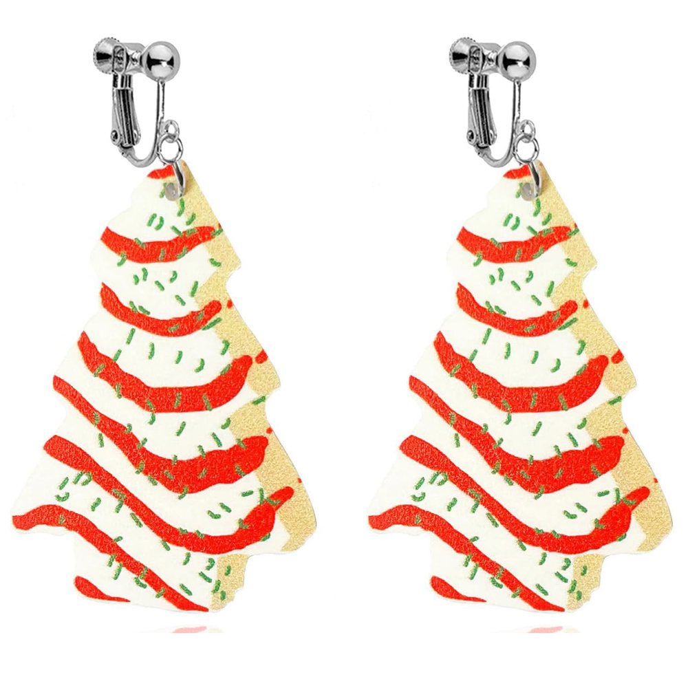 Christmas Tree Shape Clip On Dangle Earrings for Women, Non Pierced, Colorful Cake Heart Star Drop Earring Statement Party Festive Jewelry