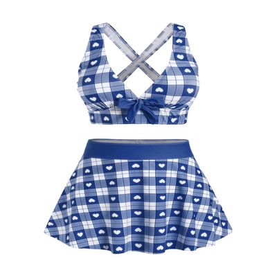 ROSE GAL Rosegal Plus Size Valentines Heart Bowknot Crisscross Padded Three Piece Tankini Swimsuit(Deep Blue/3X)