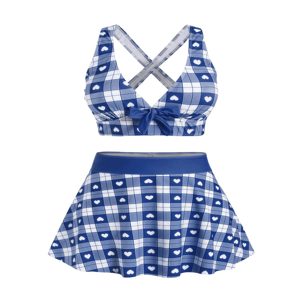 ROSE GAL Rosegal Plus Size Valentines Heart Bowknot Crisscross Padded Three Piece Tankini Swimsuit(Deep Blue/3X)