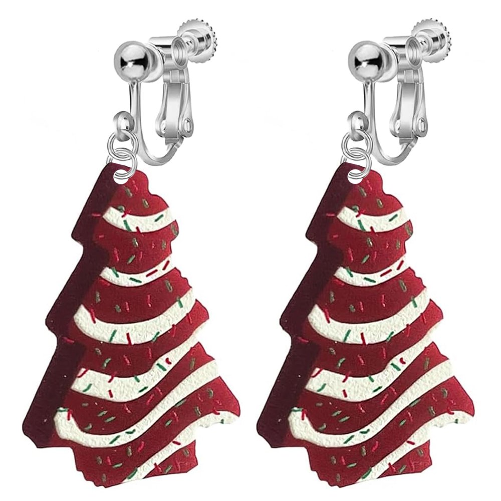 Christmas Tree Shape Clip On Dangle Earrings for Women, Non Pierced, Colorful Cake Heart Star Drop Earring Statement Party Festive Jewelry