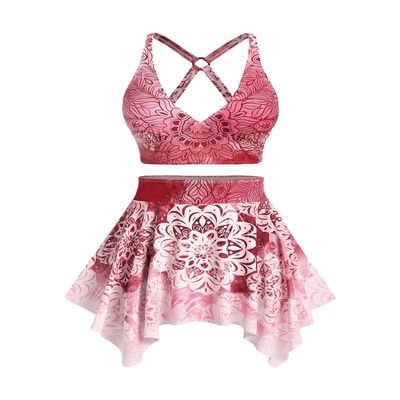 Rosegal Plus Size Ethnic Printed Ombre O-Ring Padded Three Piece Skirt Tankini Swimsuit(Red/L)