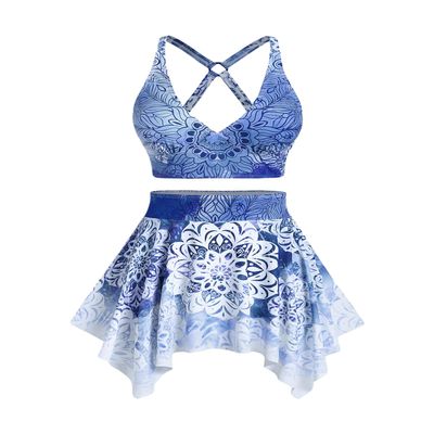 ROSE GAL Plus Size Ethnic Printed Ombre O-Ring Padded Three Piece Skirt Tankini Swimsuit(Blue/2X)