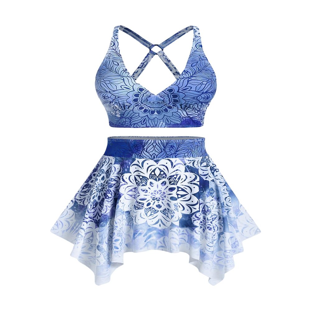 ROSE GAL Plus Size Ethnic Printed Ombre O-Ring Padded Three Piece Skirt Tankini Swimsuit(Blue/2X)