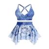 ROSE GAL Plus Size Ethnic Printed Ombre O-Ring Padded Three Piece Skirt Tankini Swimsuit(Blue/2X) view 1