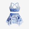 ROSE GAL Plus Size Ethnic Printed Ombre O-Ring Padded Three Piece Skirt Tankini Swimsuit(Blue/2X) view 3