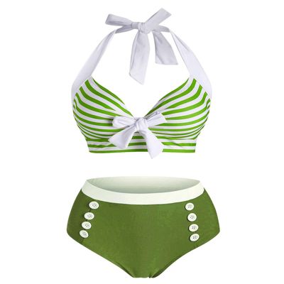 DRESSFO Women's Bikini Set American Flag Halter Two Piece High Waisted Swimsuit Stripe Vintage Tummy Control Bathing Suit (M/Light Green)