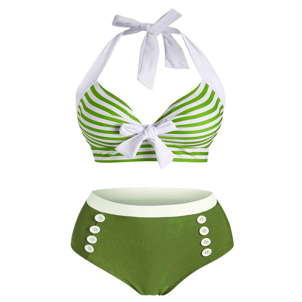 DRESSFO Women's Bikini Set American Flag Halter Two Piece High Waisted Swimsuit Stripe Vintage Tummy Control Bathing Suit (M/Light Green)