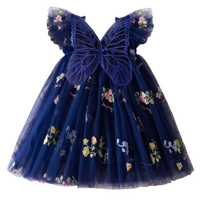 AGQT Baby Girls Tulle Dress Infant Sleeveless Floral Butterfly Tutu Dress Toddler Girls Birthday Party Princess Dresses Casual Flower Embroidery Toddler Dresses Dark Blue Size 6-12 Months