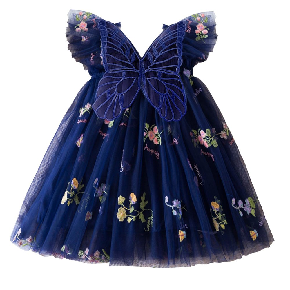 AGQT Baby Girls Tulle Dress Infant Sleeveless Floral Butterfly Tutu Dress Toddler Girls Birthday Party Princess Dresses Casual Flower Embroidery Toddler Dresses Dark Blue Size 6-12 Months