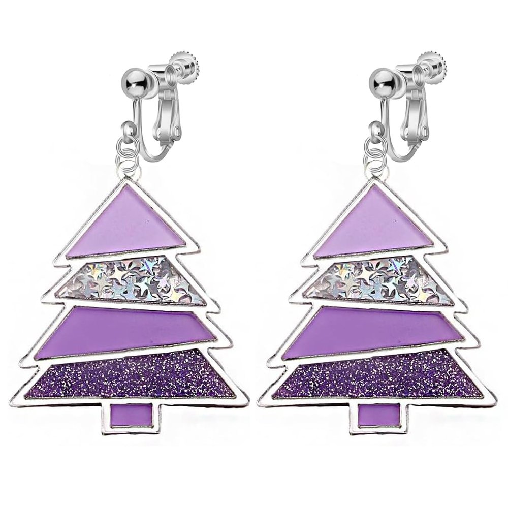 Christmas Tree Shape Clip On Dangle Earrings for Women, Non Pierced, Colorful Cake Heart Star Drop Earring Statement Party Festive Jewelry