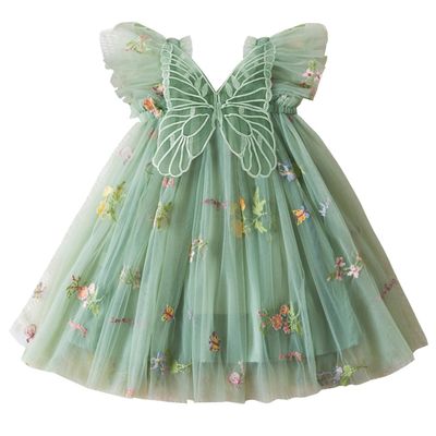 AGQT Baby Girls Tulle Dress Sleeveless Floral Butterfly Tutu Dress Toddler Girls Birthday Party Princess Dresses Casual Flower Embroidery Toddler Dresses Green Size 18-24 Months