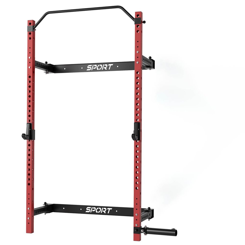 Folding Wall Mounted Squat Rack, Multi-Functional Power Rack for Home Gym Small Spaces, 1000 Pounds Capacity Foldable Squat Rack with Attachments, 2.36" x 2.36" Space Saving Power Cage